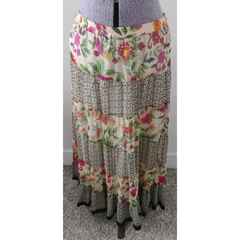 VTG Coldwater Creek Skirt Womens Petite M Long Tiered Boho Floral Print EUC